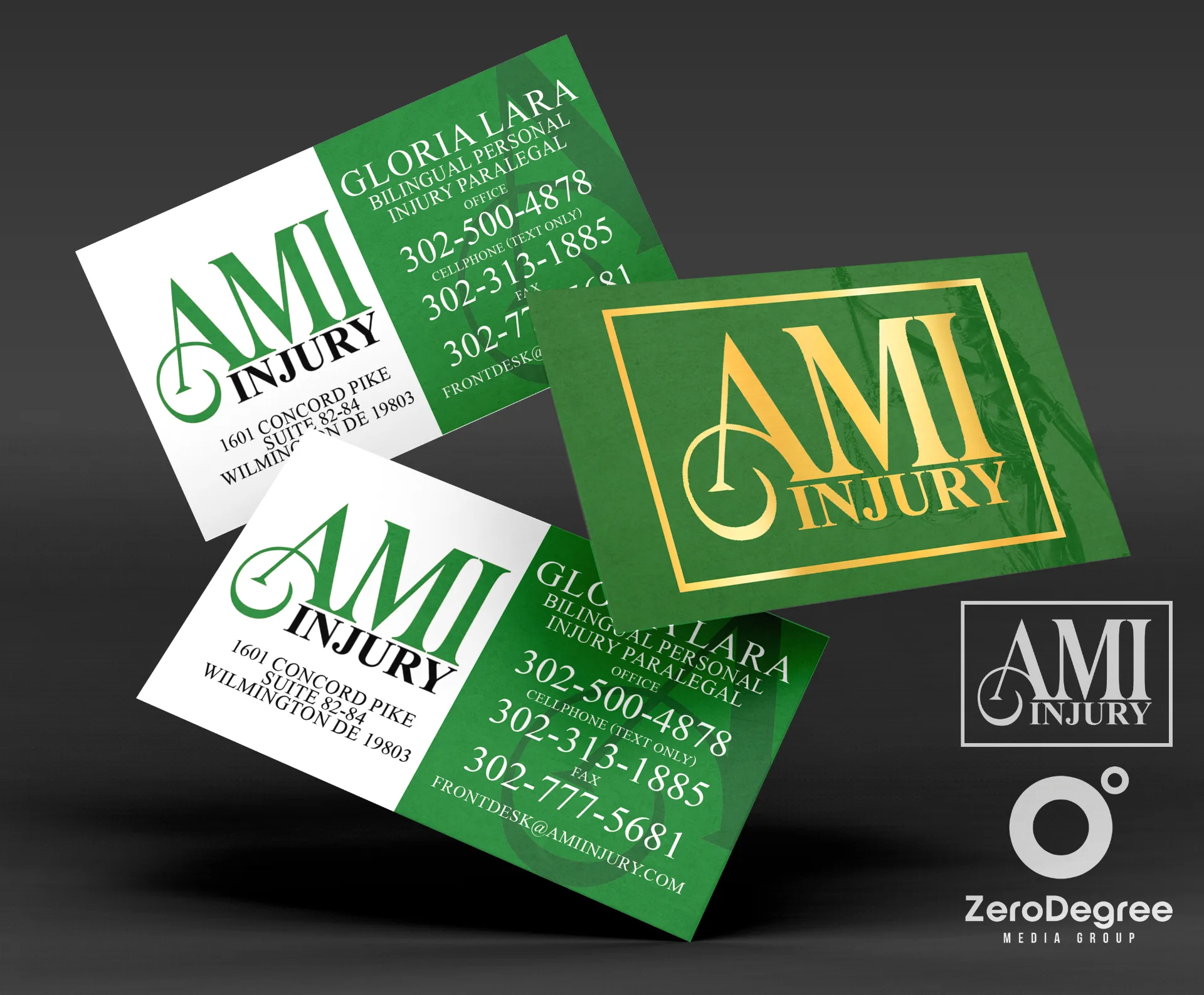 Business card mockup set for AMI Injury with green and gold branding