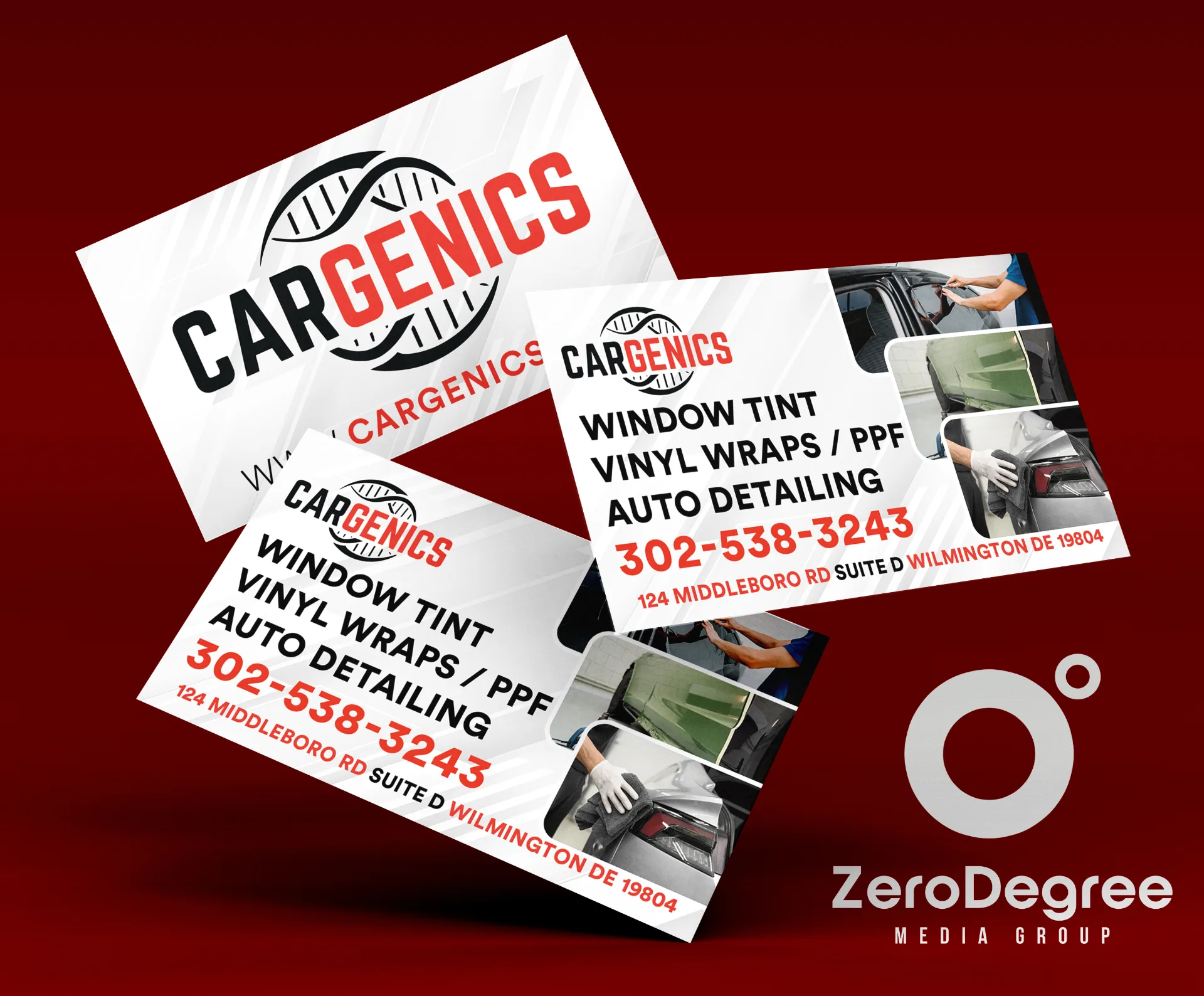 Business card design mockup for CarGenics auto service in Delaware