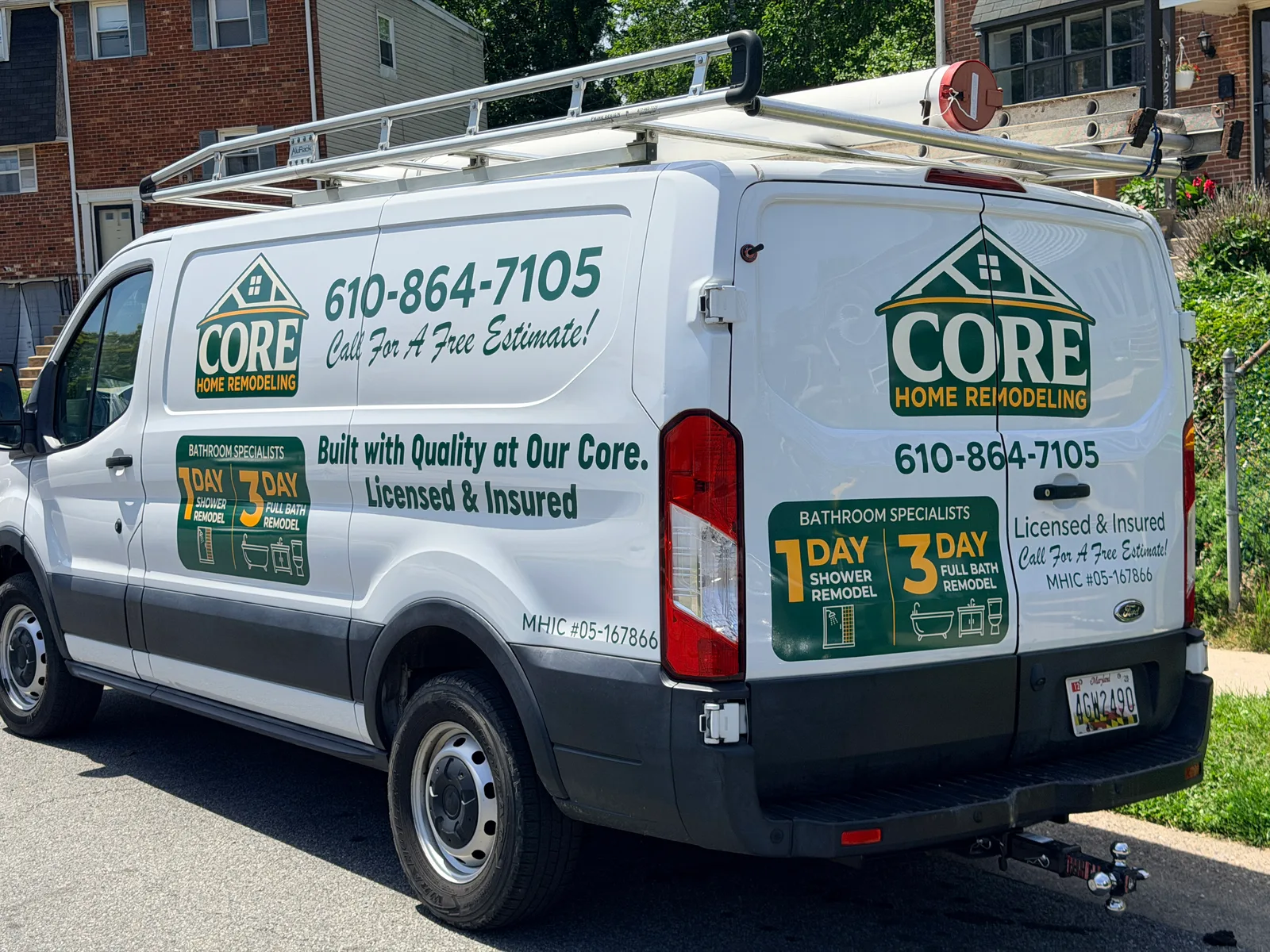 Bold van graphics promoting CORE Home Remodeling's 1-day shower and 3-day full-bath remodels