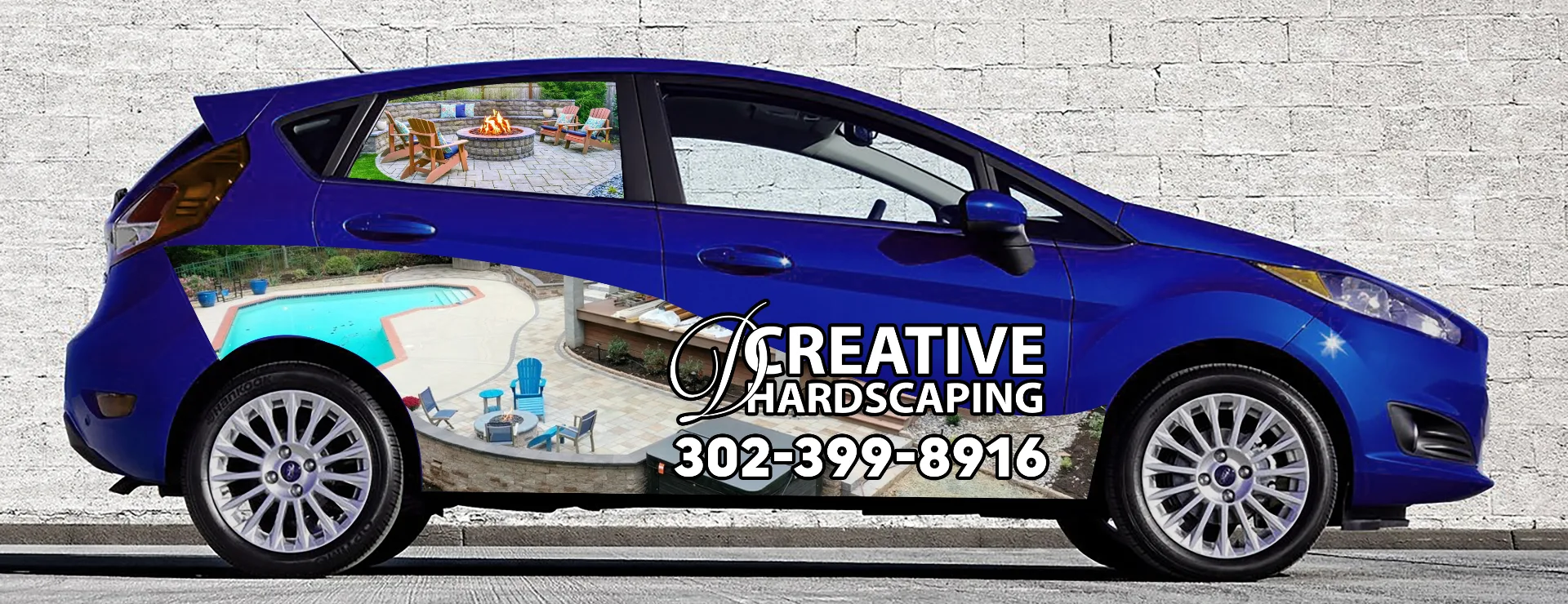 Vehicle wrap design mockup for Creative Hardscaping in Newark, DE