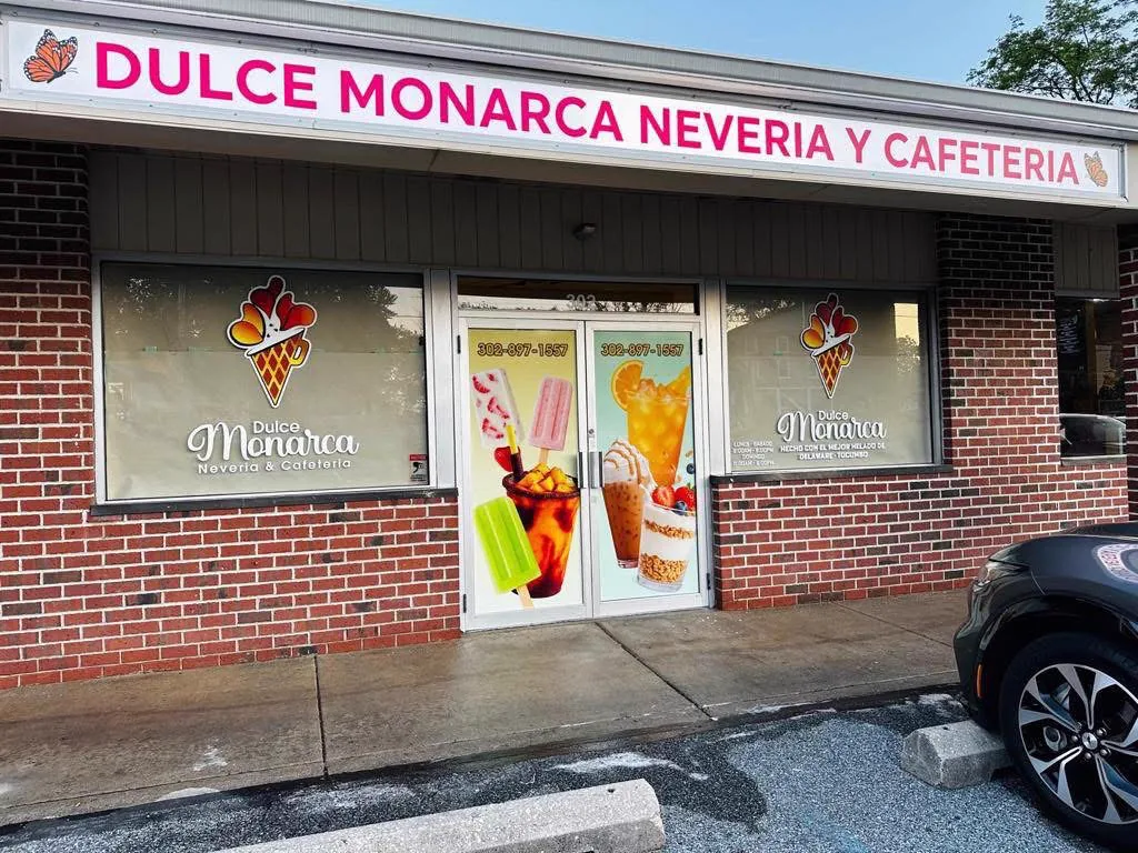 Dulce Monarca storefront sign and window graphics installed by ZeroDegree Signs in Delaware