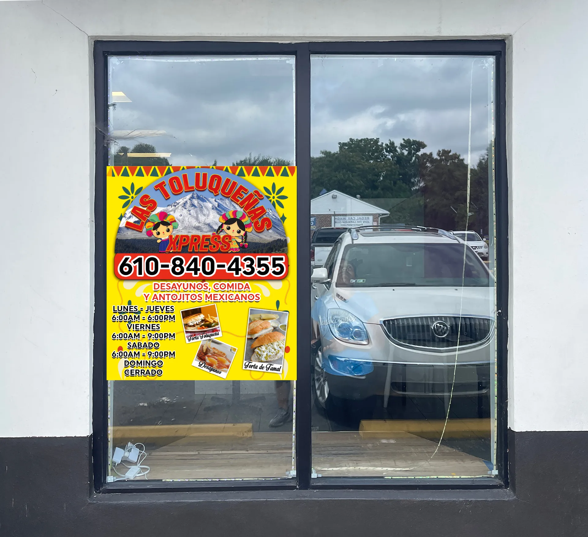 Las Toluqueñas restaurant storefront vinyl window graphic in northern Delaware