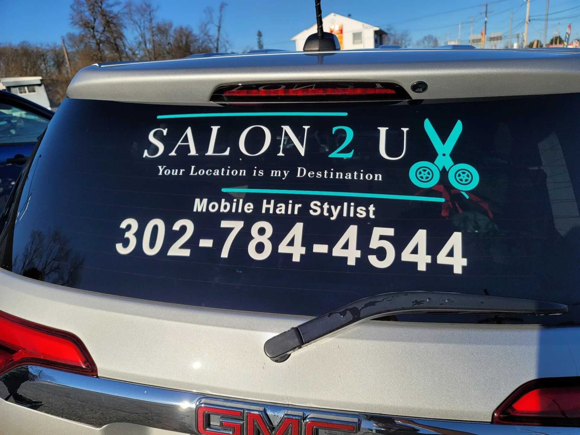 Rear window perforated vinyl for Salon 2 U mobile salon in Delaware
